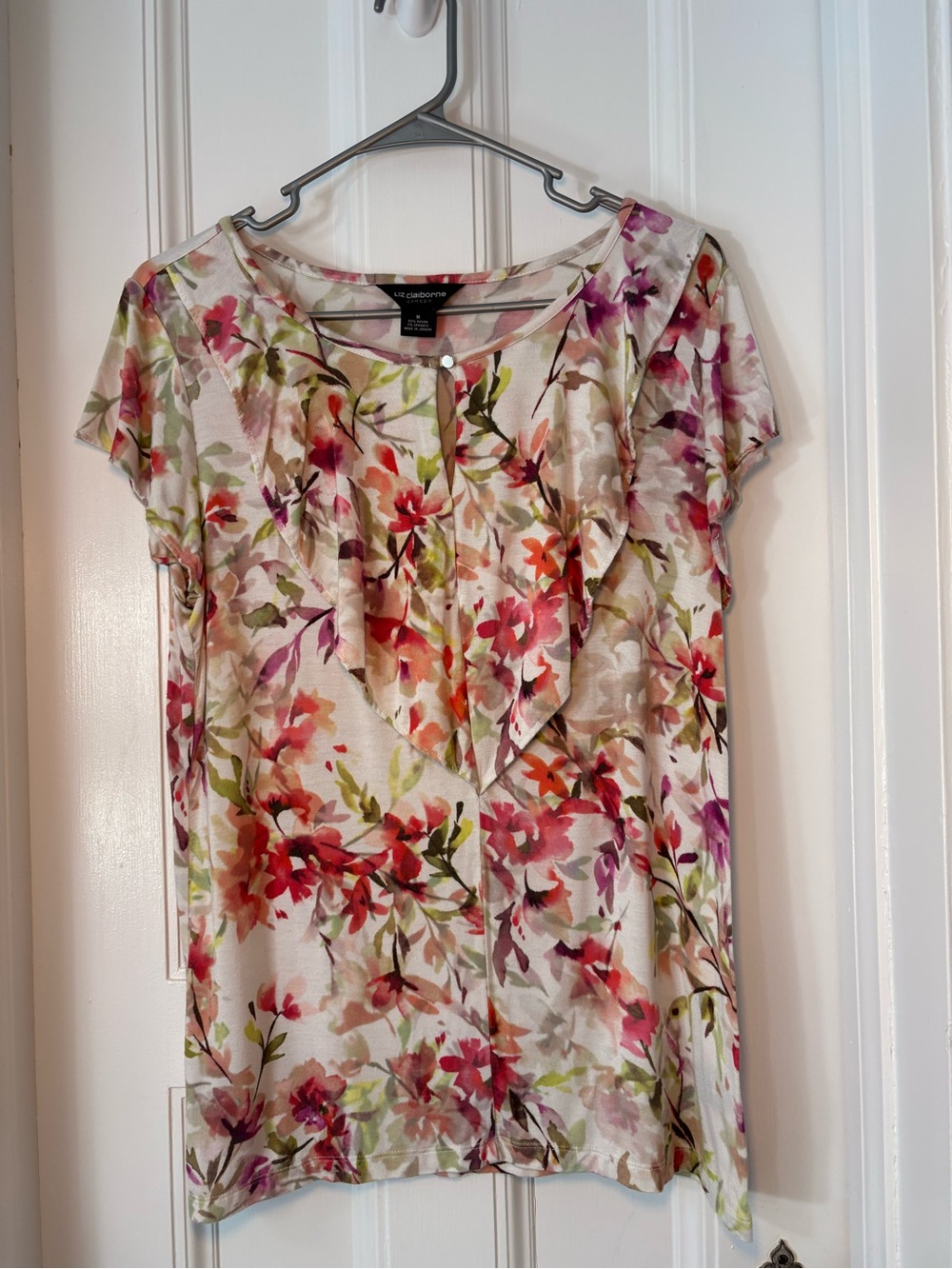 Liz Claiborne Floral Ruffle Front Short Sleeve Top - Pink & Green